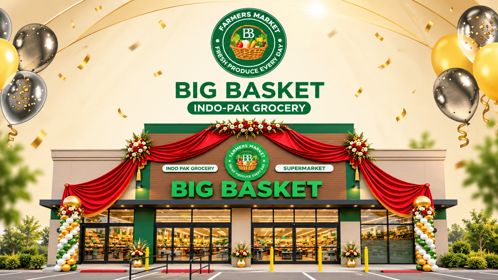 Big Basket Indo-Pak Grocery Farmers Market storefront decorated with balloons and a red ribbon across the entrance